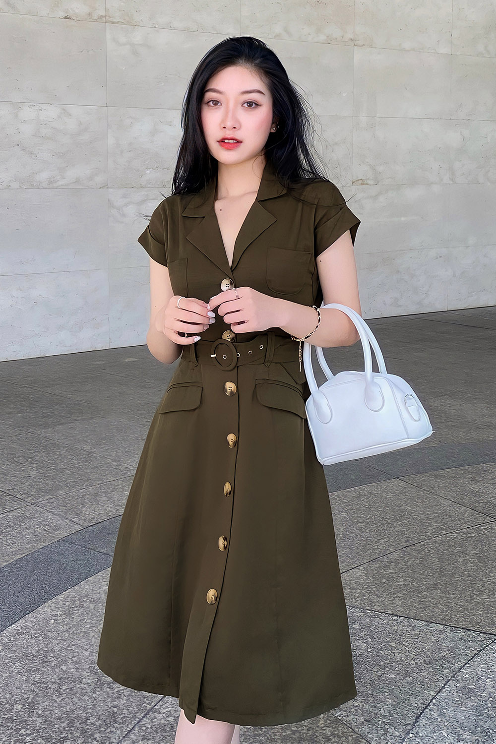 Đầm sơ mi công sở kèm thắt lưng vải 